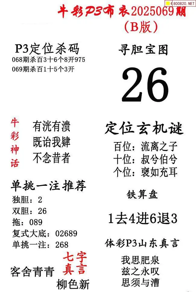 牛彩网3D图谜总汇，九